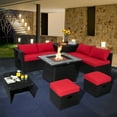 thumbnail image 2 of Topbuy 9 Pieces Outdoor PE Rattan Wicker Sectional Sofa with 35" Gas Fire Pit Table Space-Saving Patio Conversation Set with Storage Box Red, 2 of 10