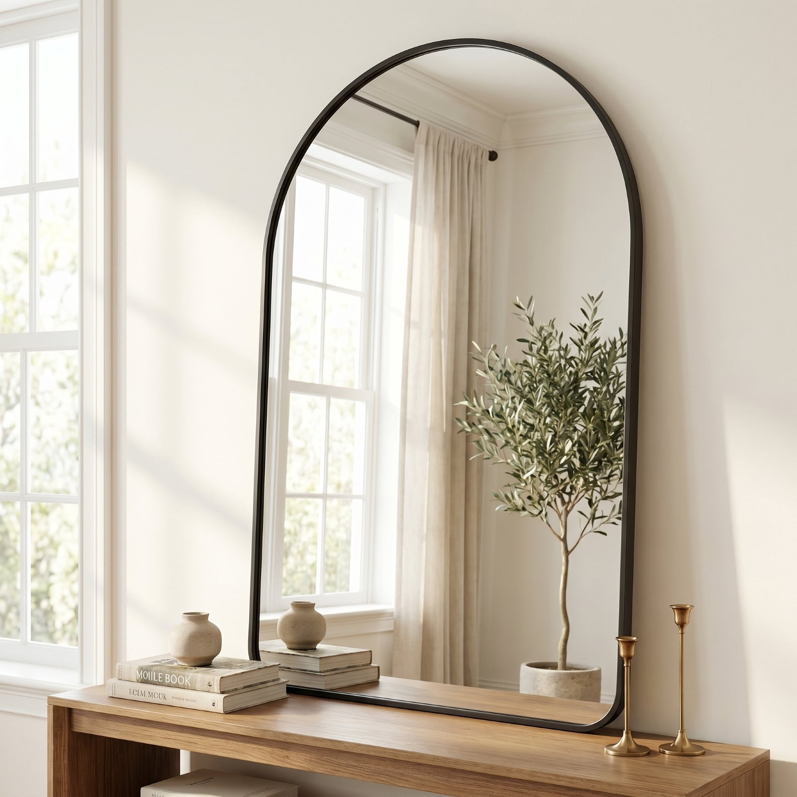 Gleamira 30"x48" Arched Bathroom Wall Mirror Rounded Corner Vanity Mirror with Metal Frame, Black