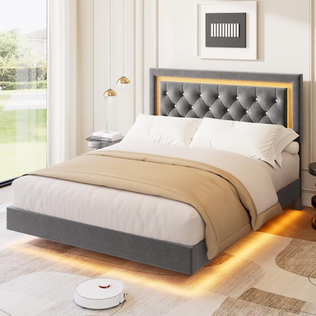 Gaderth Queen Size Floating Bed Frame with Diamond Upholstered Headboard and LED Lights, Platform Bed with Wood Slats Support, Noise Free, No Box Spring Needed, Easy Assembly for Bedroom