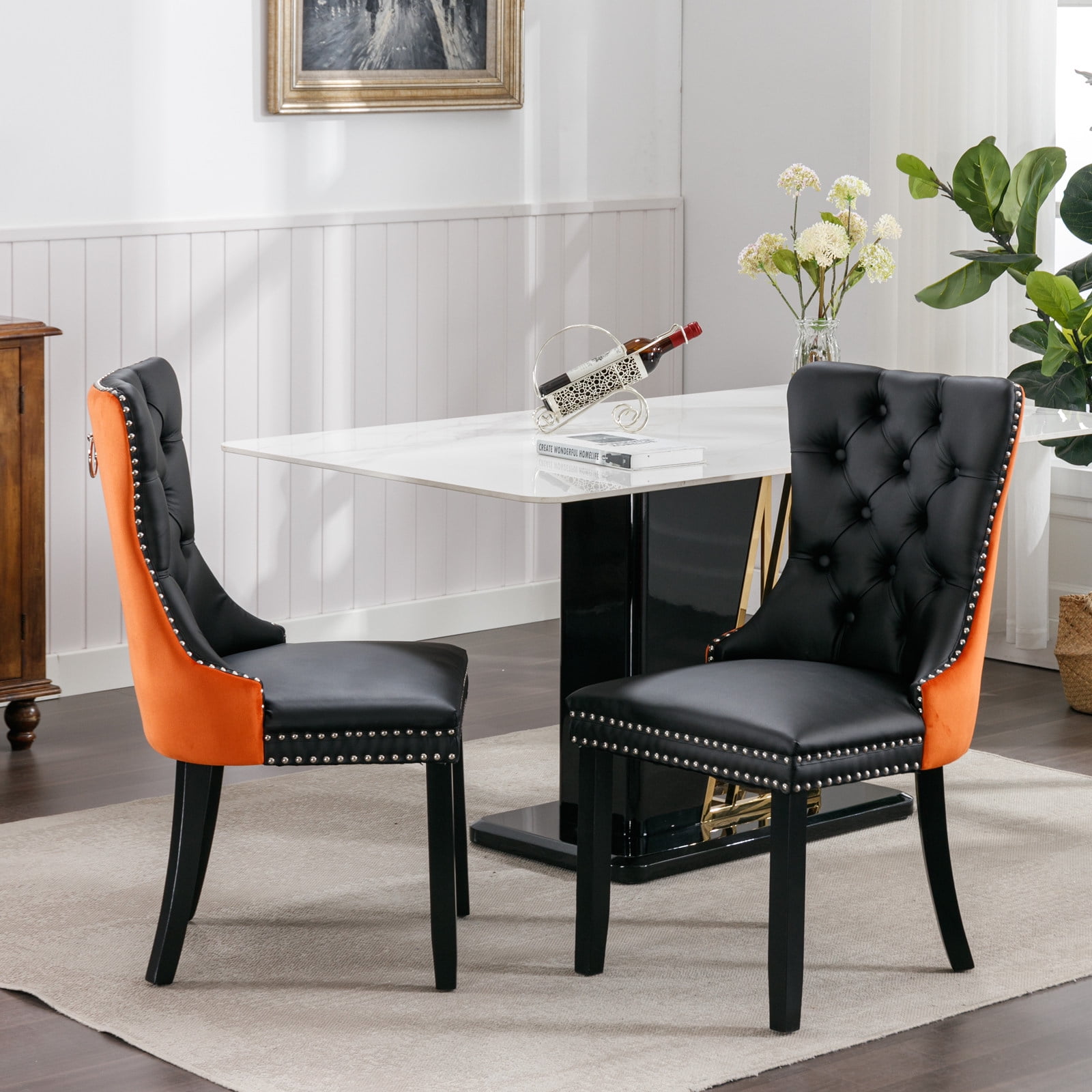 Gewnee 2-Pcs Set Modern High-end Tufted Solid Wood Contemporary PU and Velvet Upholstered Black+Orange Dining Chair with Wood Legs Nailhead Trim