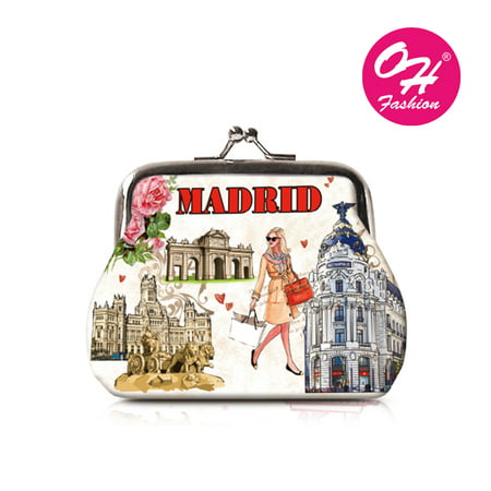 OH Fashion Women’s Wallet Coin Purse Elegant Madrid Mini Wallet Metal Frame Double Clasp Zipper Handbag Travel Bag Cities Design Small