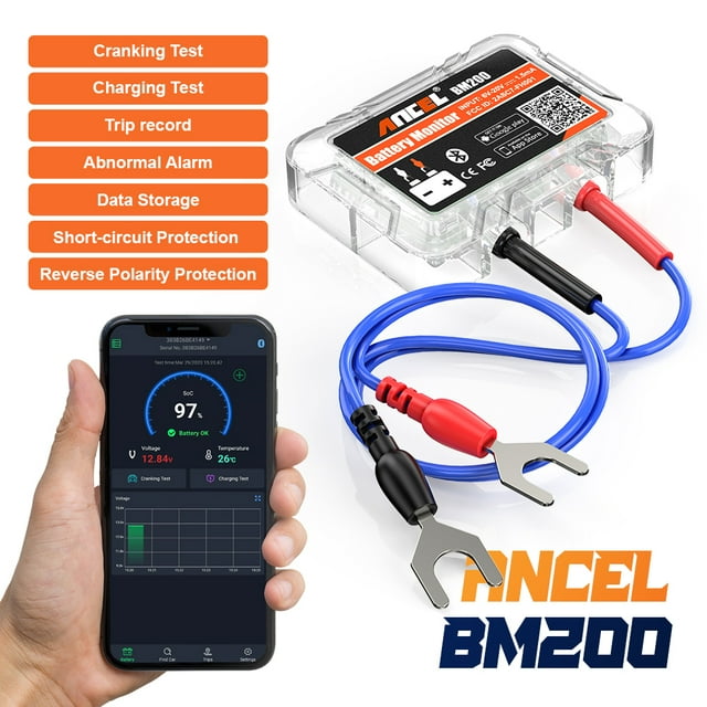 Ancel BM200 Testeur de Batterie 12V Sans Fil Bluetooth Outil de Test de Batterie Analyseur de Batteries de Voiture Moniteur de Batterie 12 Volts Compatible avec Android iOS
