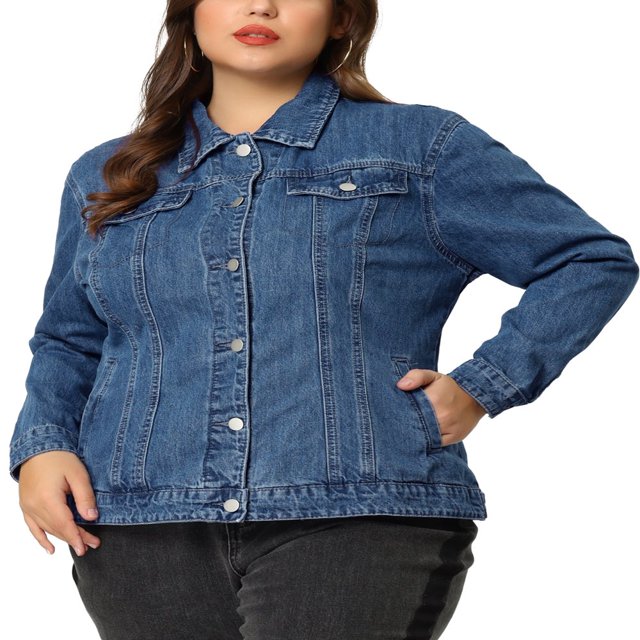 Unique Bargains Women‘s Plus Size Long Sleeve Button Front Washed Denim Jacket