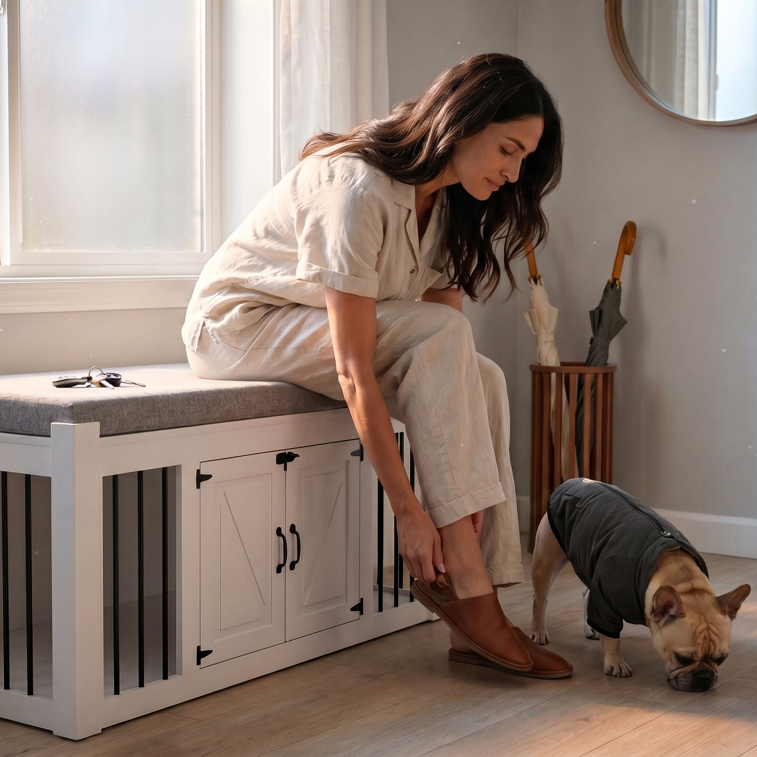 Faceket 47.2" Dog Crate Furniture, 2-Door Lockable Wooden Kennel with Cushion, White End of Bed Bench Ottoman for Medium Dogs