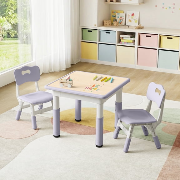 DOREROOM Kids Table and 2 Chairs Set, Height-Adjustable Toddler Table and Chairs Set with Graffiti Desktop, 23.6''L x 23.6''W Children Activity Table for Daycare, Classroom, Home