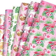 Hawaiian Flamingo Pattern PresNok Wrapping Paper Set, 12 Sheets Tropical Watermelon Leaves Hawaii Style Gift Wrap Paper for for Birthday Summer Party Wedding Bridal Shower Baby Shower 20'' x 27''