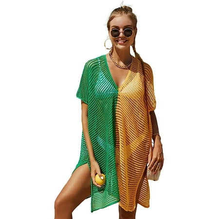 LinYooLi Women Beach Cover Up Fringed Knit Crochet Hollow Out Tassel Bikini Blouse Contrast Bright Color Swimsuit Top