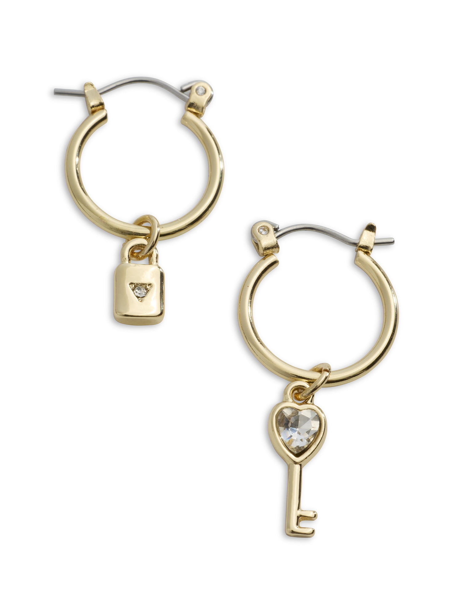 Madden NYC Women's Gold Tone Padlock & Key Charm Huggie Earrings