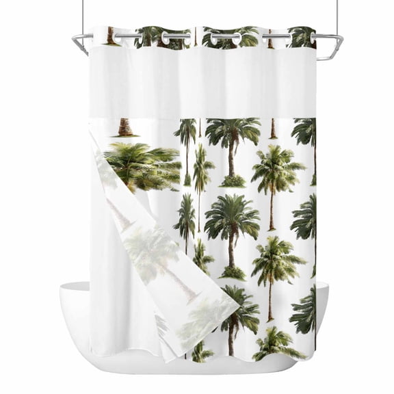 No Hook Tropical Trees Shower Curtain with Snap in Liner Set, Summer Palm Trees Botanical Vintage Green Waterproof Bathroom Curtains with See Through Top Window, Hotel Style Extra Long 72 x 96 Inch