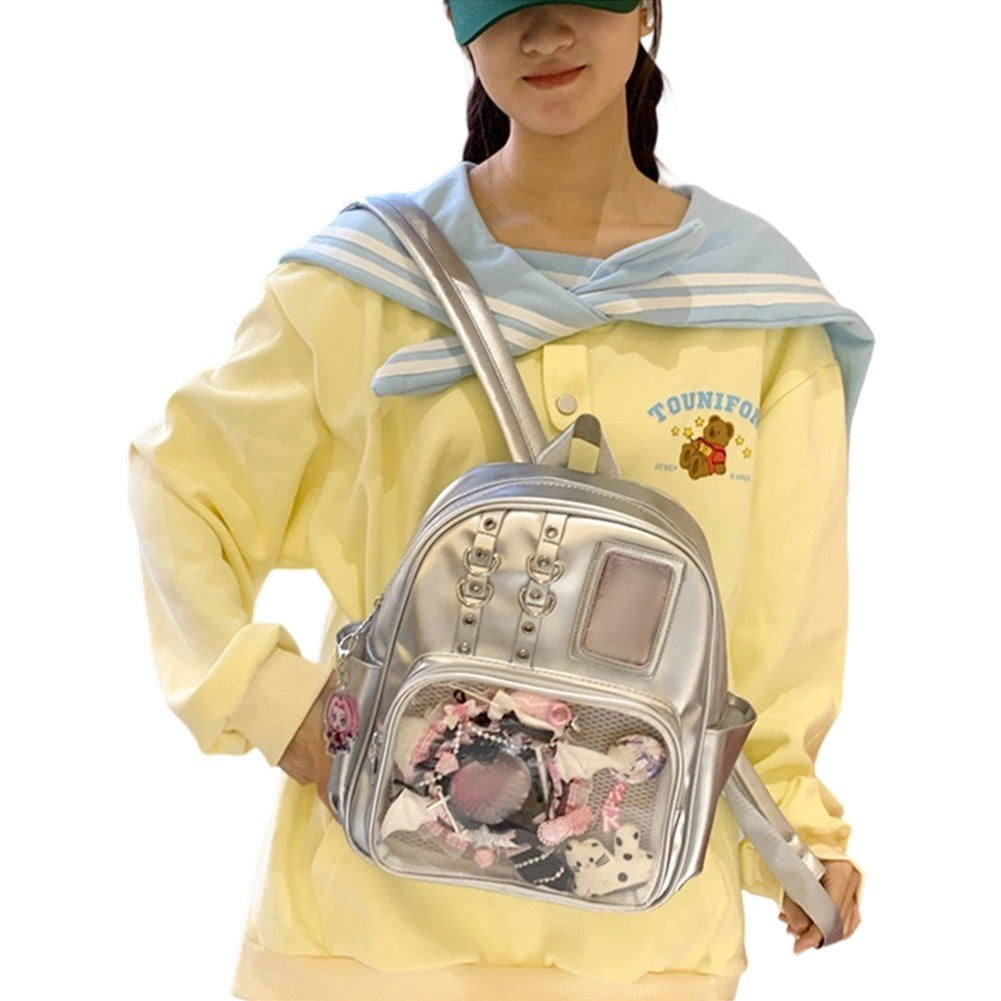 Vjnyvs Mini Transparent Backpack Pin Display Bags Lolita Shoulder Bag with Clear Window Casual Rucksack for Work Travel Sports