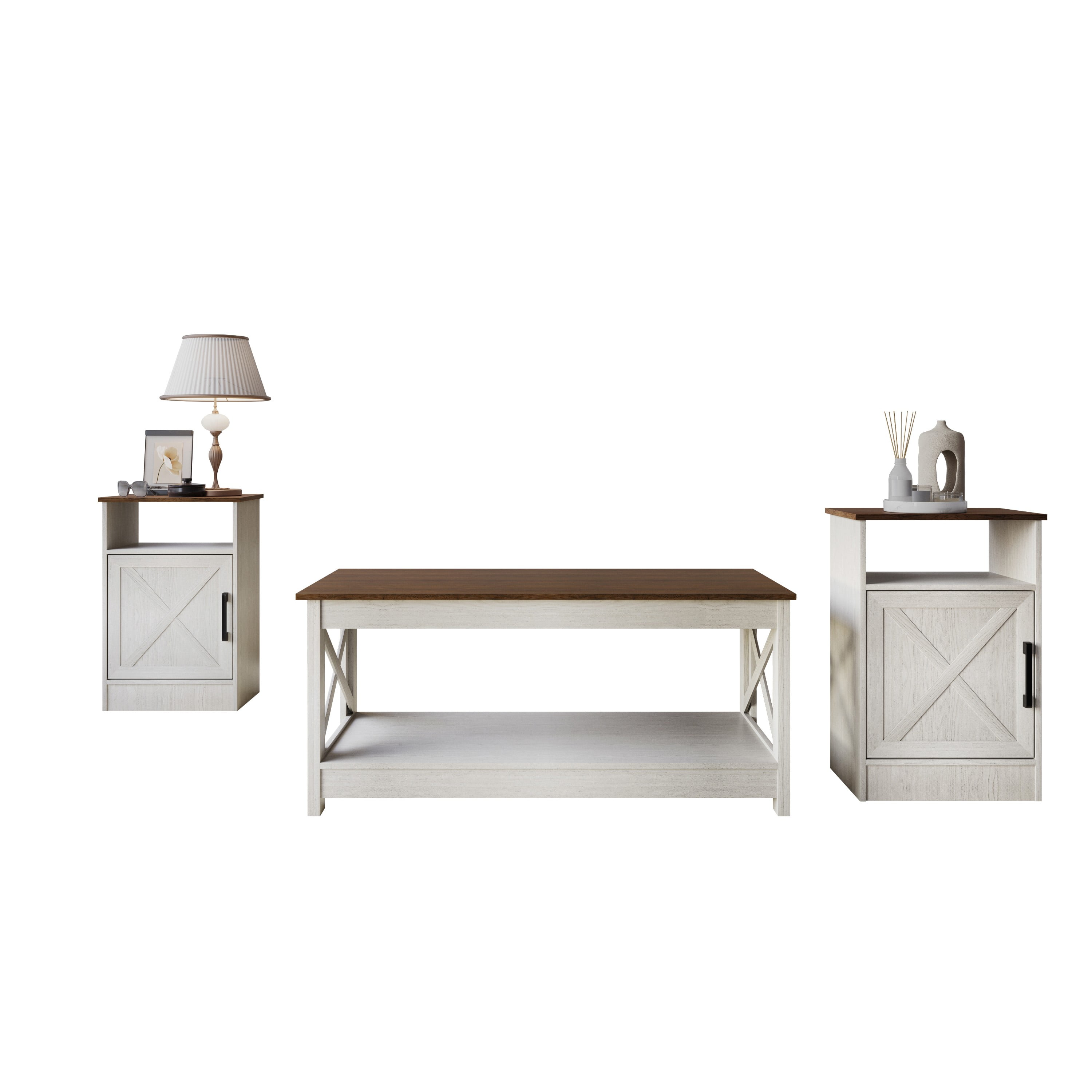 Home Design Lebanon 3 Piece Coffee Table Set - Includes coffee table and 2 end tables, With Soft-Close Doors, Brown/Light Gray, Easy Assembly