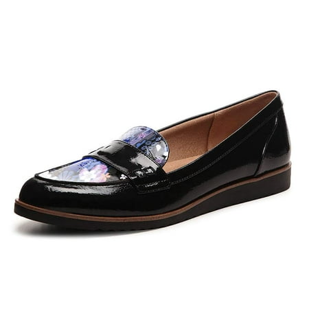 YDN Women Comfort Slip On Round Closed Toe Flats Loafers Round Toe Low Heel Slide Dress Pump Office Walking Shoes Size 14 Black & Blue Floral
