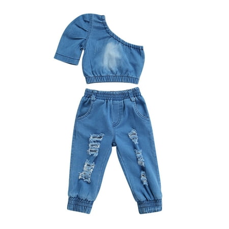 

Canrulo Toddler Baby Girls Denim Clothes One-shoulder Tops Ripped Long Pants Sets 1-6Y