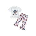 thumbnail image 2 of Aojekbee Independence Day Kids Girls Outfits Summer Bull Head Print Short Sleeve Tassel T-shirt and Elastic Flare Pants Set, 2 of 9