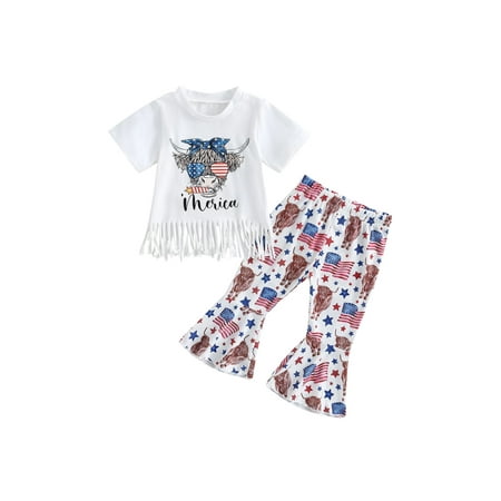 

Qtinghua 4th of July Baby Girl Western Outfit Short Sleeve American Flag Cow Print Tassel T-Shirt Tops Flared Pants Set White 6-12 Months