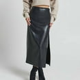thumbnail image 4 of Women High Waisted Faux Leather Side Slit Skirt Pu Leather Bodycon Split Thigh Long Skirt Black S, 4 of 7