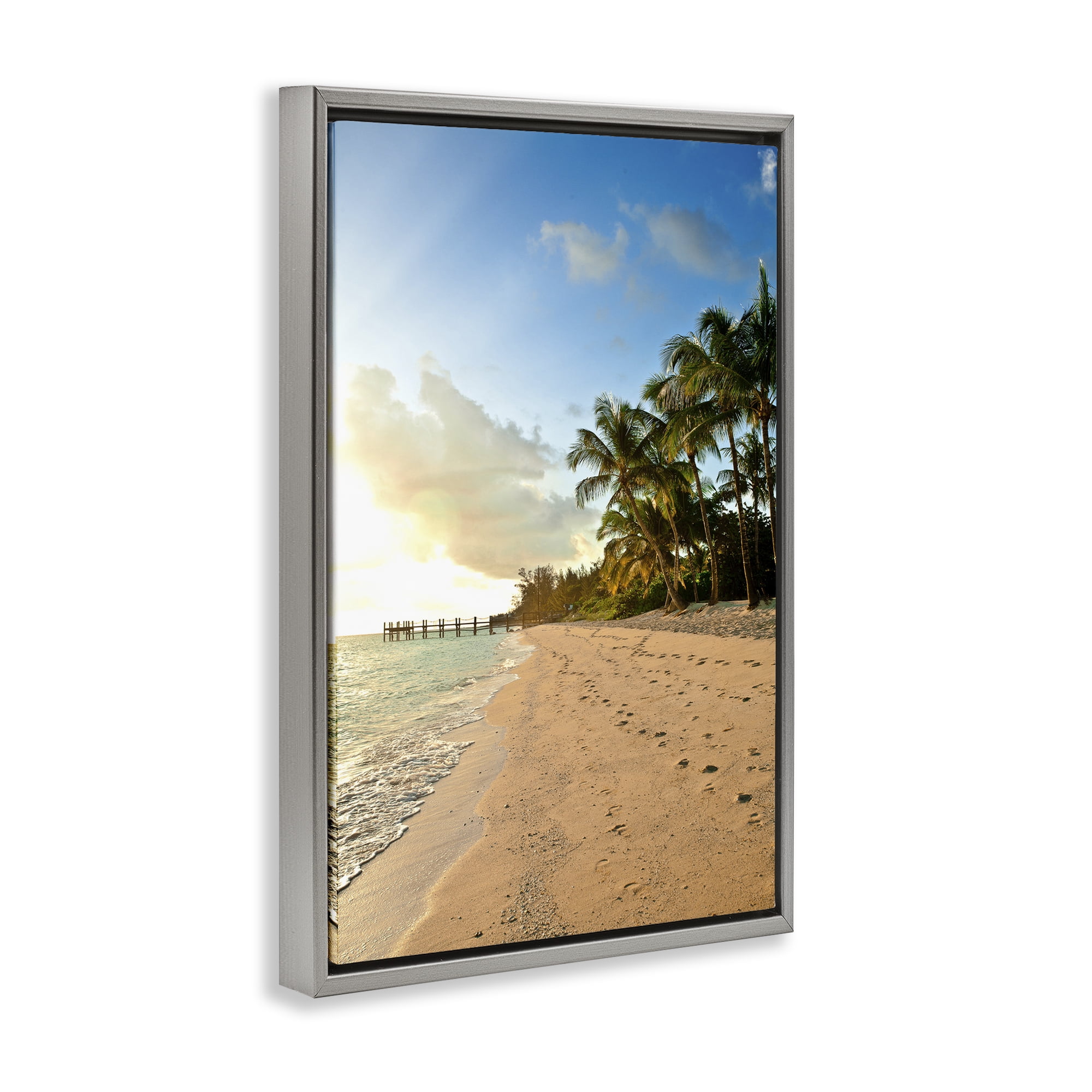 Stupell Industries Sandy Footprints Shore Coastal Photography Gray Floater Framed Canvas Art Print Wall Art, 17 x 25