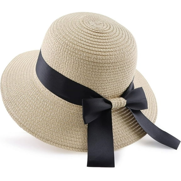 Women Straw Sun Hat Summer Beach Cap Foldable Visor Floppy Hats Wide Brim with Bowknot