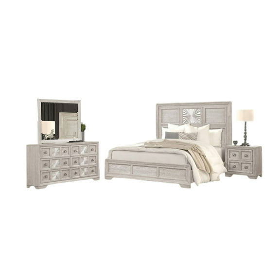 Diaz 4pc Queen Size Bedroom Set, Dresser Mirror, Sunburst Light Gray