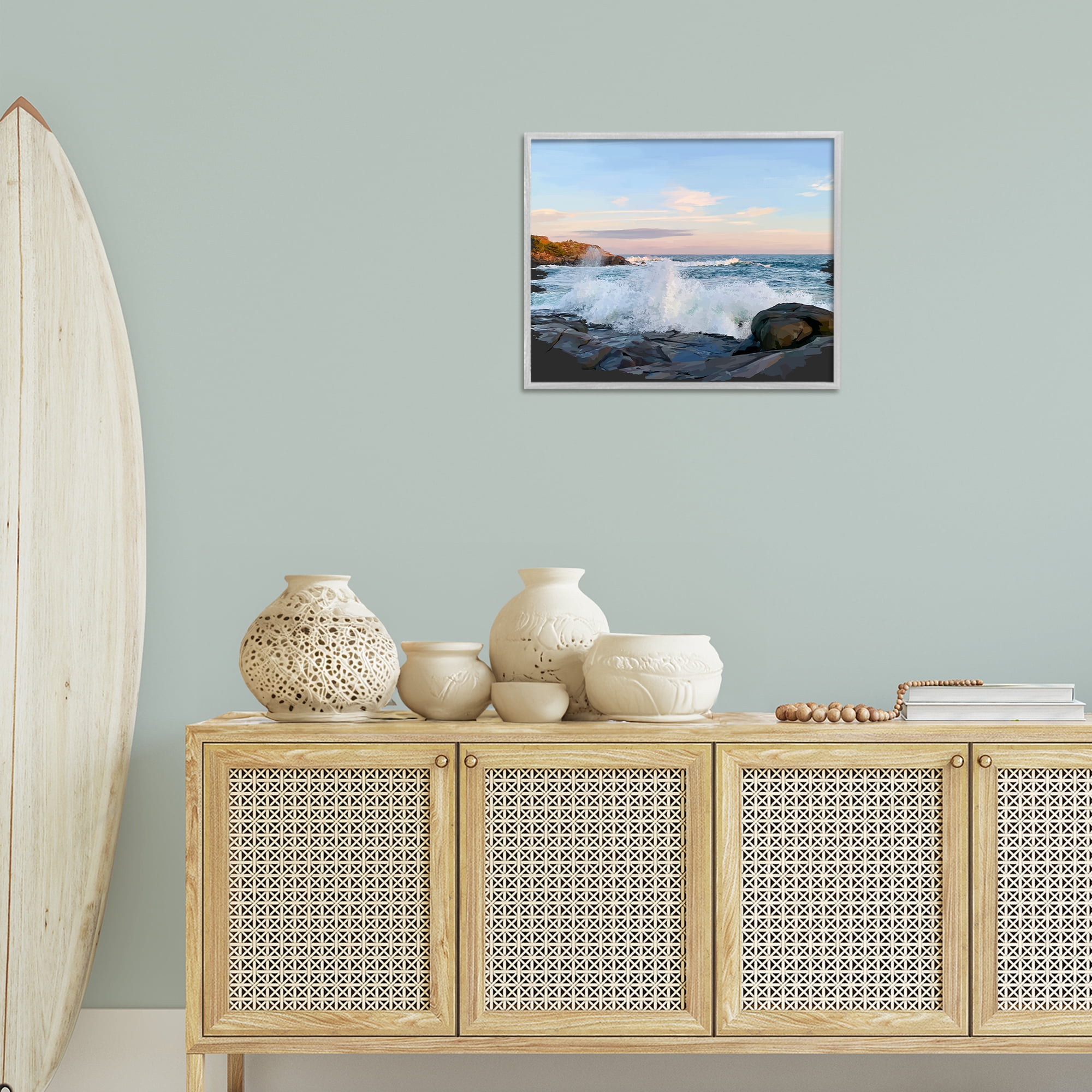 Stupell Industries Strong Breaking Waves Landscape Photography Gray Framed Art Print Wall Art, 20 x 16