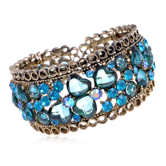 Alilang Womens Brass Tone Antique Blue Rhinestones Hearts Bangle Bracelet