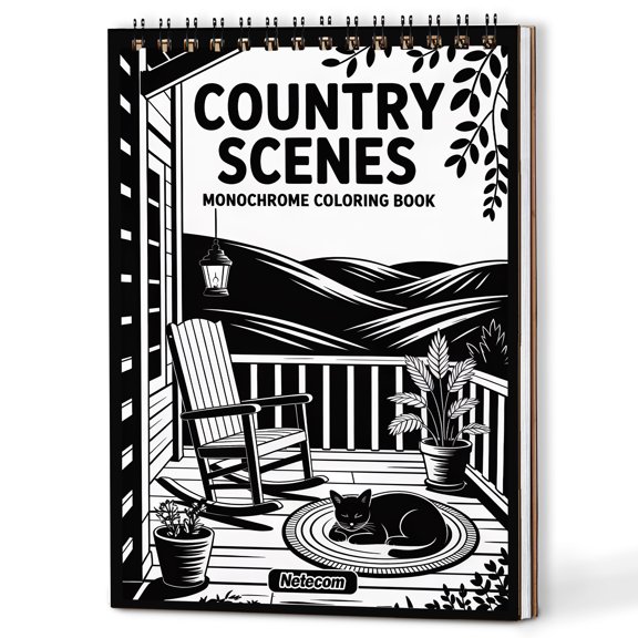 Country Scenes Monochrome Coloring Book Spiral Bound for Adults, A5 Wooden Cover, Relaxing One-Color Illustrations with Cozy House, Peaceful Countryside Views for Mindfulness, Stress Relief