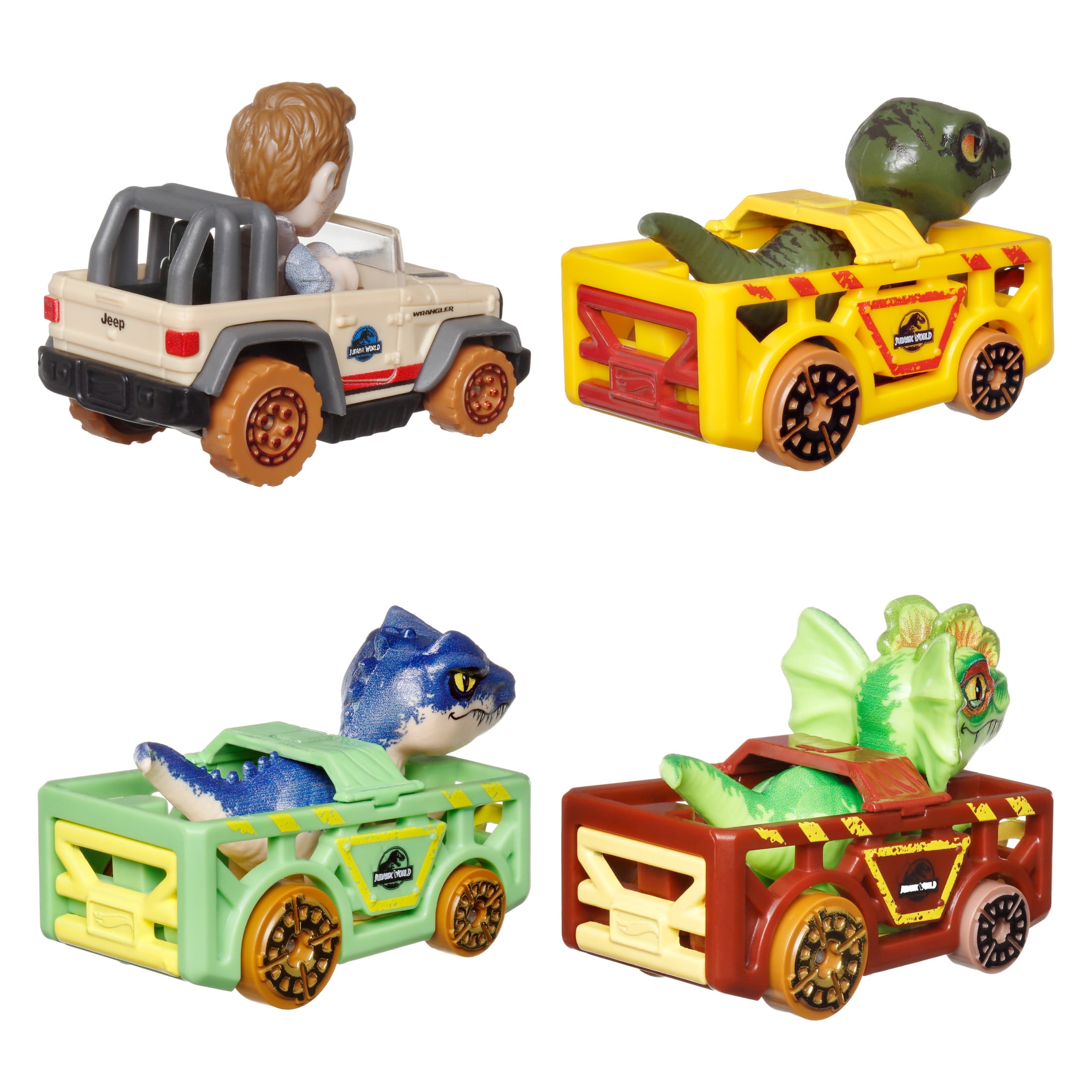 Hot Wheels RacerVerse, Set of 4 Car & Truck Play Vehicles with Jurassic World Characters as Drivers