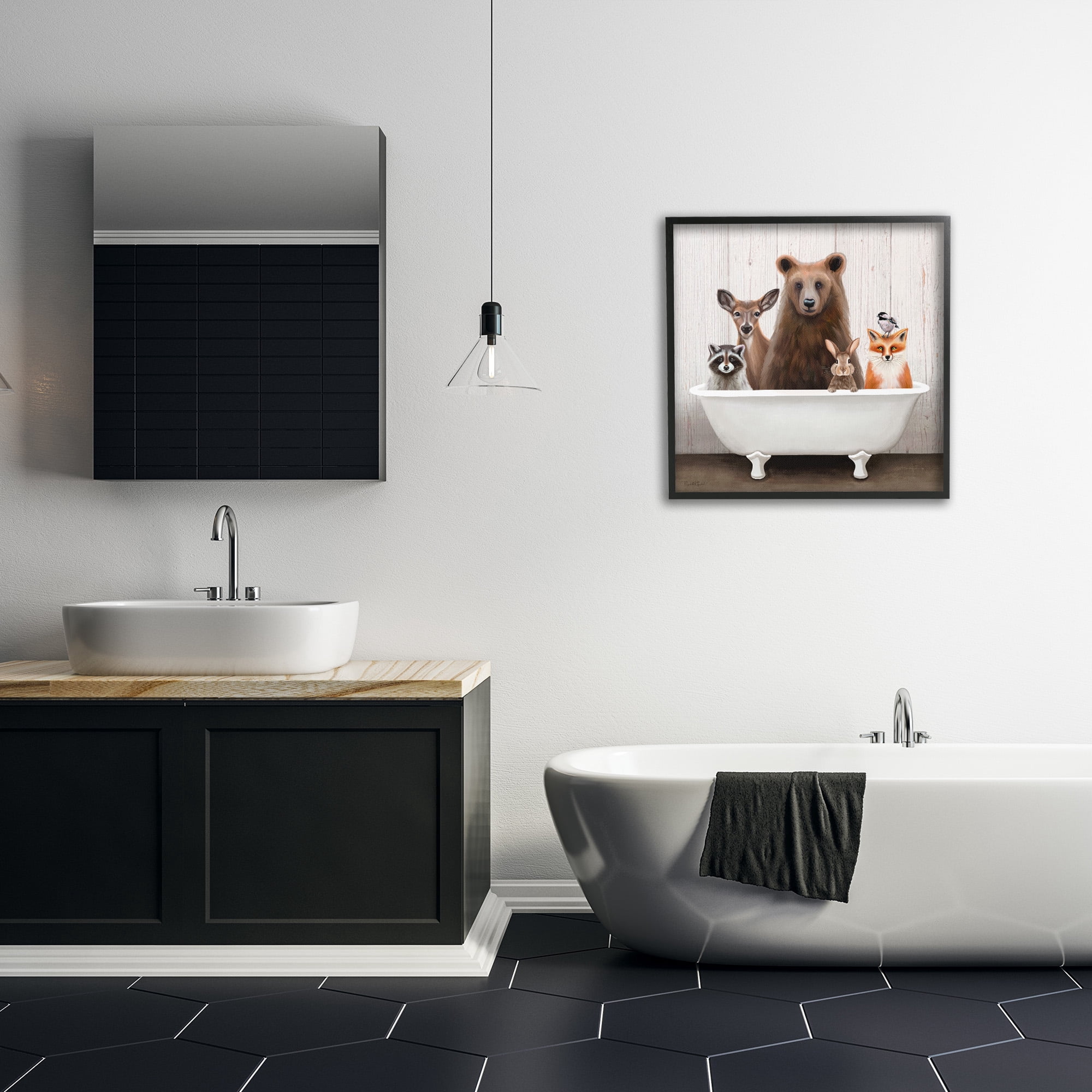 Woodland Creatures Antique Bathtub Black Framed Giclee Art, 24 x 24