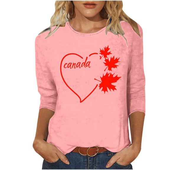 Levmjia Women's Canada Day Shirt Maple Leaf Heart Graphic Tee 3/4 Sleeve Crew Neck Patriotic Top Anniversary Gift