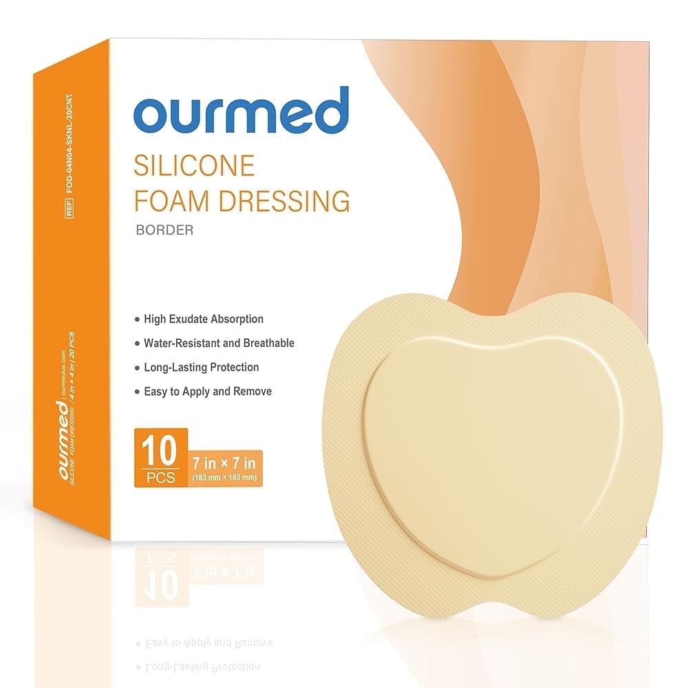 Ourmed Silicone Sacral Foam Dressings 7"x7", Sterile Absorbent Bandage, Wound Care for Bedsores, 10 Packs