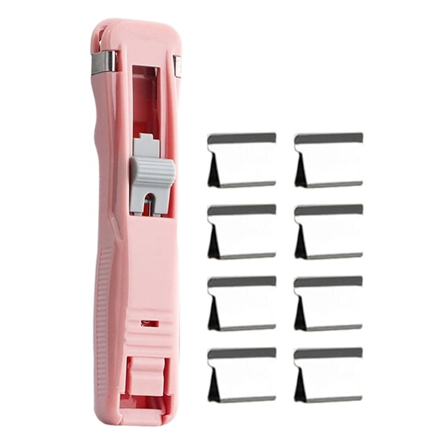 1 Pcs Mini Push Stapler,Portable Clip Stapler,Includes 8 Reusable Metal Clips,Small Handheld Paper Clam Clip Dispenser,Mini Push Stapler Clamp Staplers,Reusable Paper Clam Clip Dispenser,(D,4.52 in)