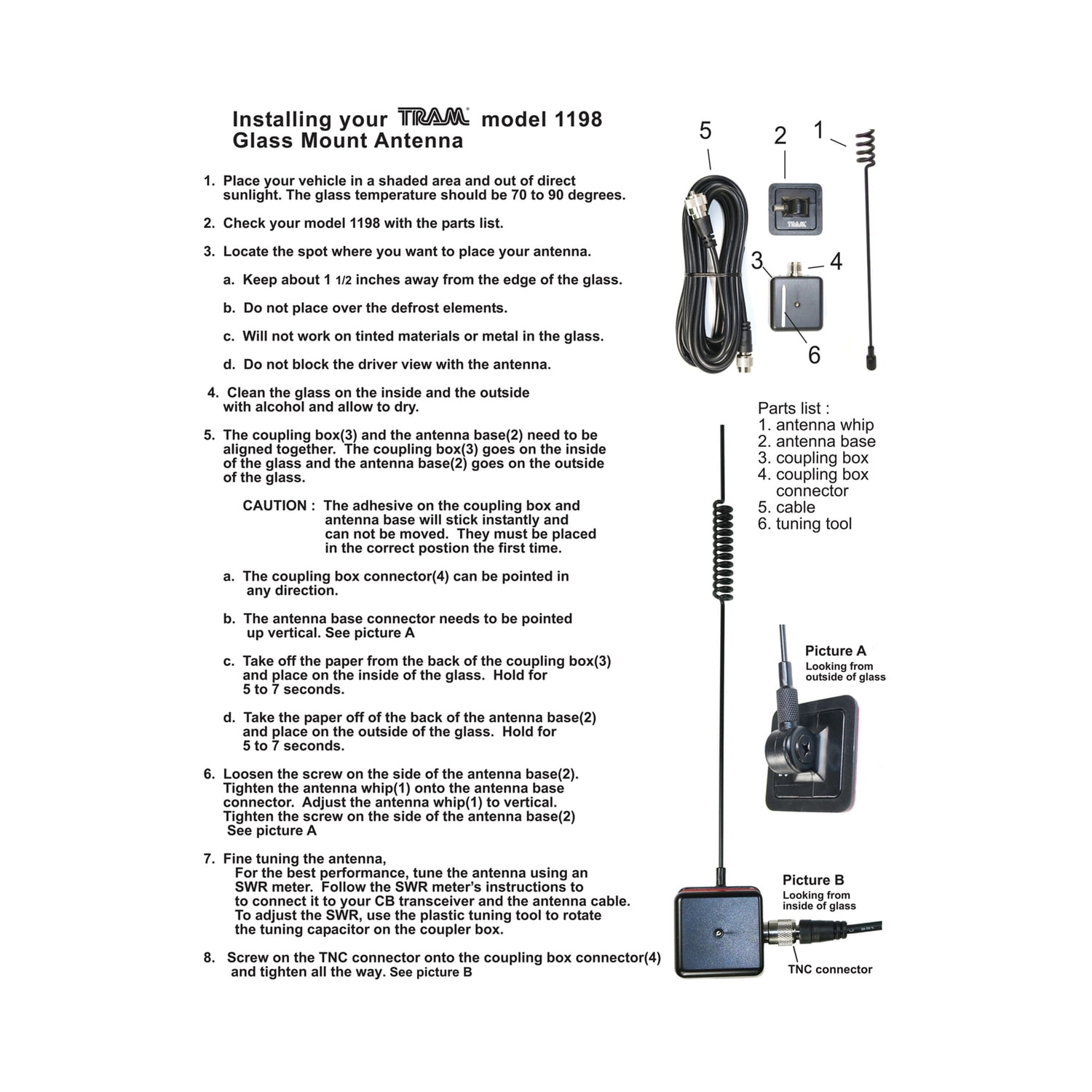 Tram CB/Weather-Band Glass-Mount Antenna with RG58/U Cable and PL-259 Connector