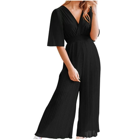 Women Elegant Jumpsuit Ladies Ribbed Wide Leg Playsuits High Elastic Waist V Neck One Piece Romper All In One Loose Overall Pants Short Sleeve Bodysuit Outfit for Casual Work Formal