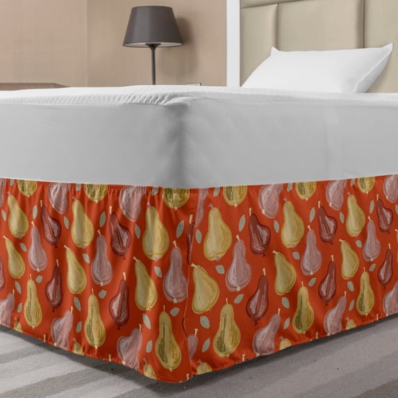 Pear Bed Skirt, Scribbled Fruits on a Tangerine Tone Backdrop, Elastic Bedskirt Dust Ruffle Wrap Around for Bedding Decor, 4 Sizes, Burnt Orange Multicolor, by Ambesonne