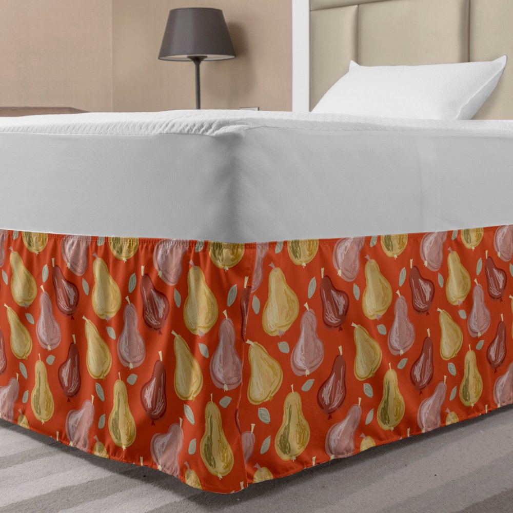Pear Bed Skirt, Scribbled Fruits on a Tangerine Tone Backdrop, Elastic Bedskirt Dust Ruffle Wrap