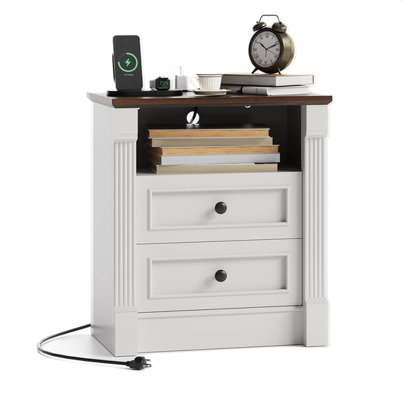 Panapinka 23.6" Wide Farmhouse Nightstand with Charging Station and 2 Drawers, Rustic Wood Bedside Table with Roman Column Design, End Table for Bedroom Living Room