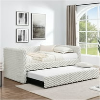 JERFIT Modern Plaid Corduroy Twin Daybed with Pull-Out Trundle, Upholstered Sofa Bed for Small Spaces, Beige