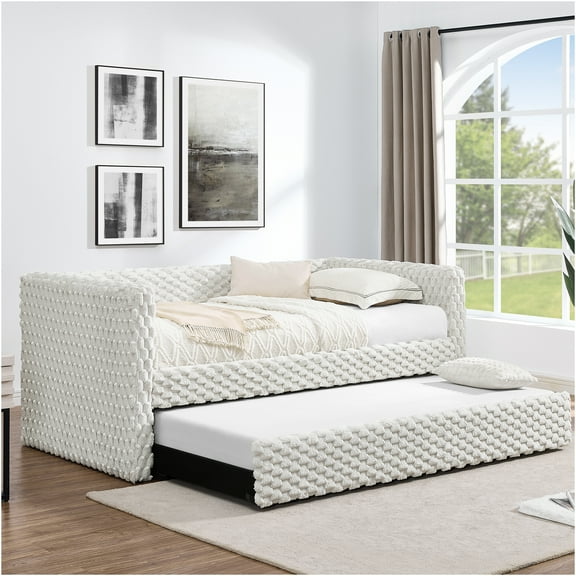 JERFIT Modern Plaid Corduroy Twin Daybed with Pull-Out Trundle, Upholstered Sofa Bed for Small Spaces, Beige