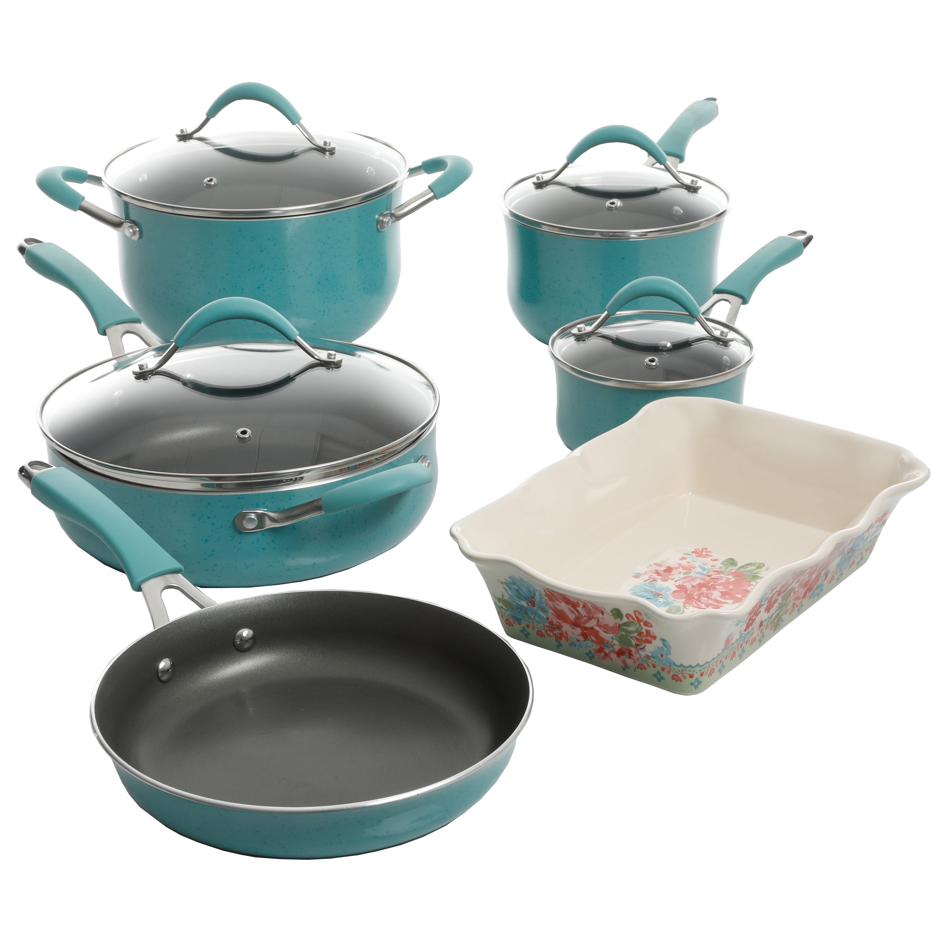 The Pioneer Woman Vintage Speckle 24-Piece Cookware Combo Set in Turquoise bundle with Copper Charm Stainless Steel Copper Bottom Cookware Set 10 Piece 