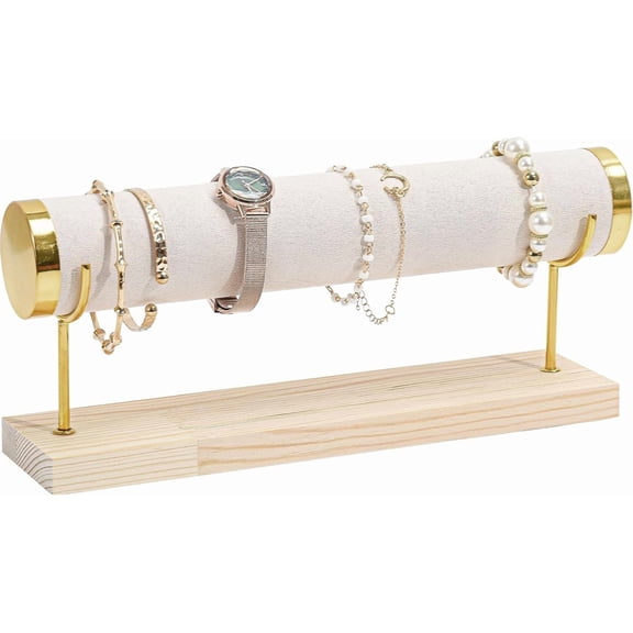 ProCase Detachable Bracelet Holder Stand, Gold Bracelet Organizer for Selling, Velvet Wrap Bracelet Display Rack with Wooden Base for Bangles Scrunchies Watches - 1 Tier, Beige