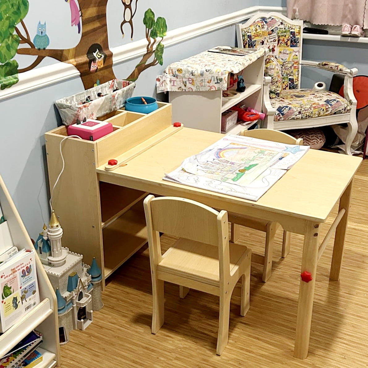 GDLF Kids Art Table and Chairs Set Craft Table with Large Storage Shelves Drawing Desk, Made of Plywood