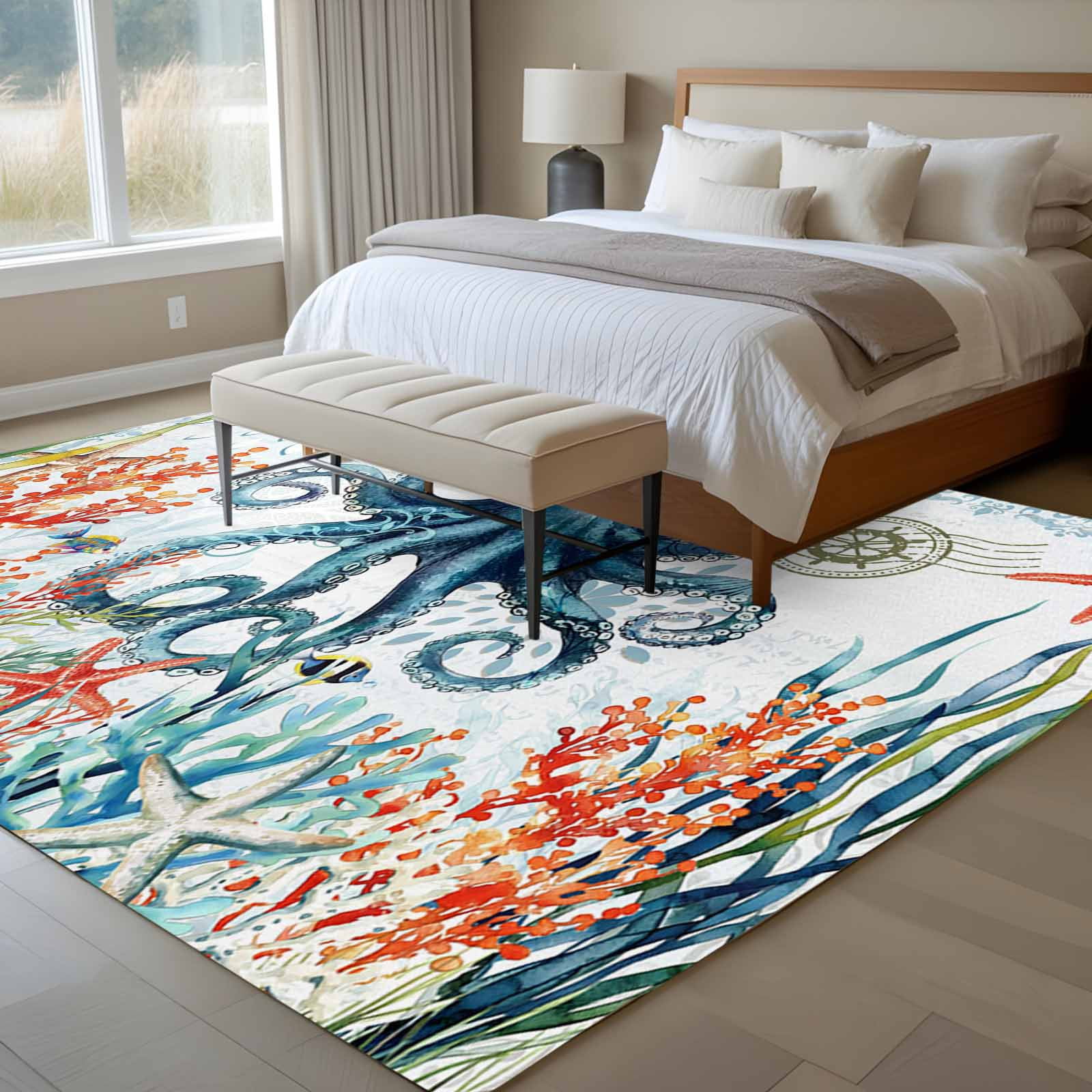 5'x8' Area Rugs, Octopus Coastal Indoor Outdoor Area Rug for Living Room Bedroom, Summer Beach Ocean Coral Starfish Washable Bathroom Rugs Kitchen Floor Carpet Mats Home Decor Aesthetic