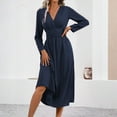thumbnail image 4 of WTOBBY Women's Fashionable Solid Color V-Neck Long Sleeved Pleated Long Dress - Elegant and Flowy Dress with Pleated Details, Great for Evening Events or Casual Days,Navy 2XL, 4 of 7