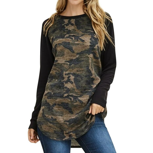 Women Camouflage Printed Colorblock Round Neck Long Sleeve Tunic Top