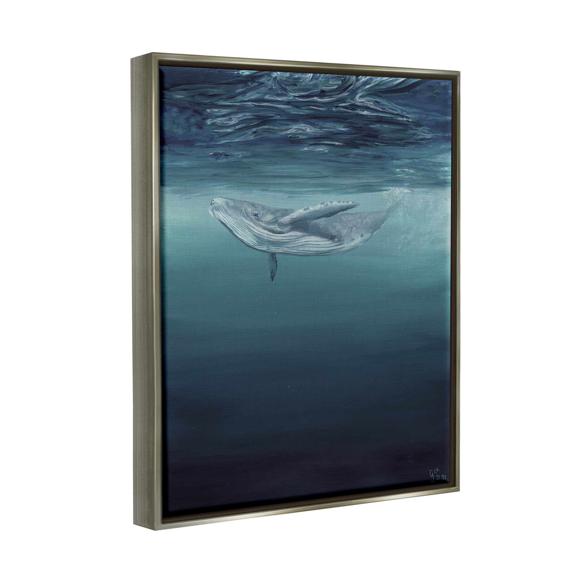 Stupell Industries Whale Swimming Underwater Animals & Insects Painting Gray Floater Framed Art Print Wall Art, 17 x 21