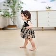 thumbnail image 4 of ZEHJUHAN Baby Girl's Birthday Sleeveless Printed Mesh Tutu Romper with Bow Headband, Letter & Ruffle Detail Apricot & Black，12-18M, 4 of 5