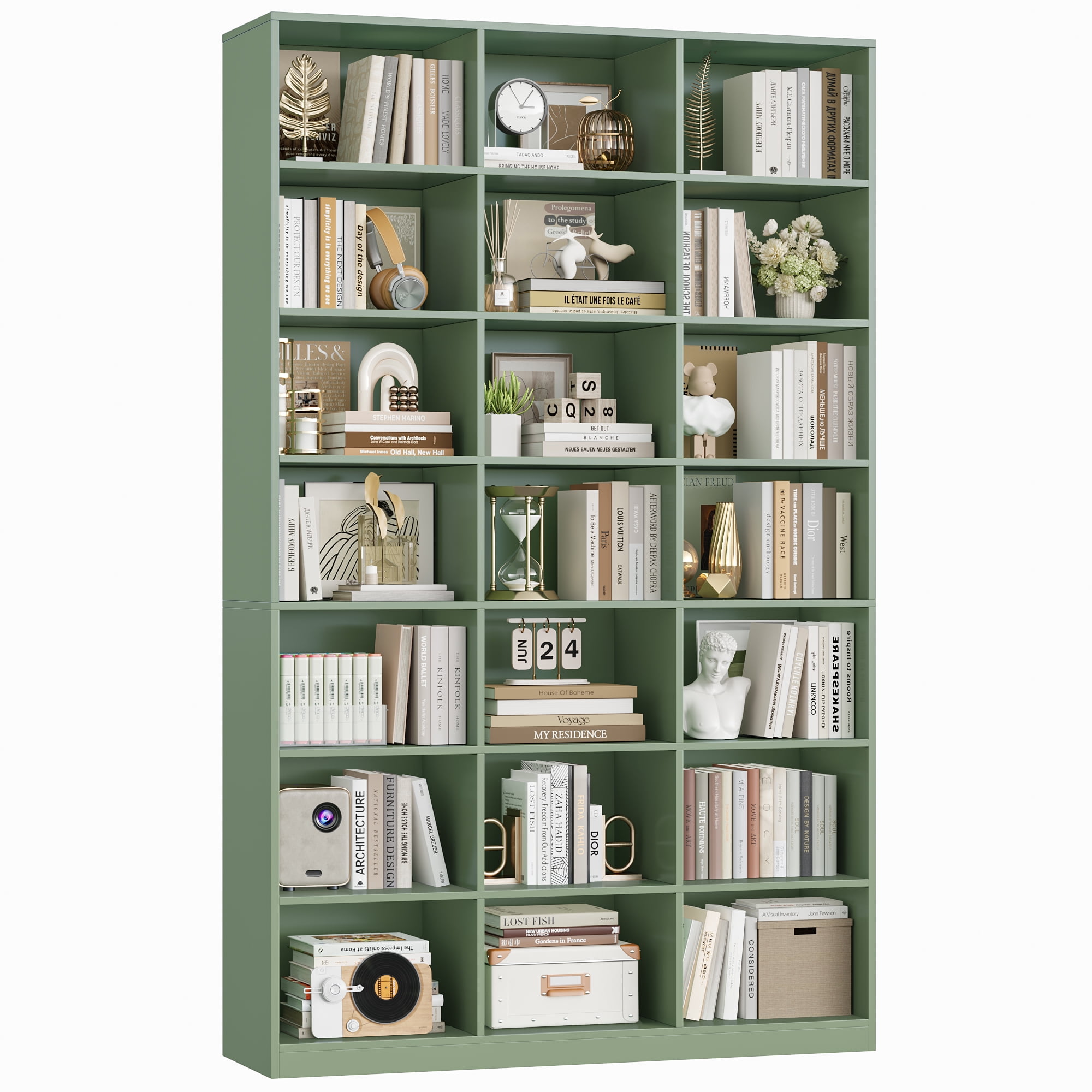 Hiphuta 21-Cube Bookcase, 86"H Tall Wooden Bookshelves for Bedroom, Living Room and Office, Freestanding Display Shelves Cube Organizer, Green