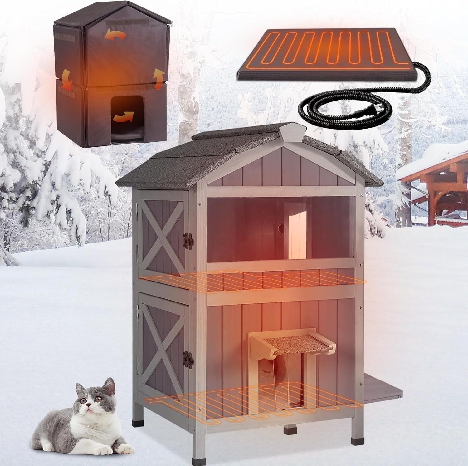 Aivituvin 2-Story Heated Cat House for Outside Large Insulated Cat House Outdoor Weatherproof Feral Cat Shelter with Heated Pad, Insulated All-Round Thermal Liner for 1-4 Cats
