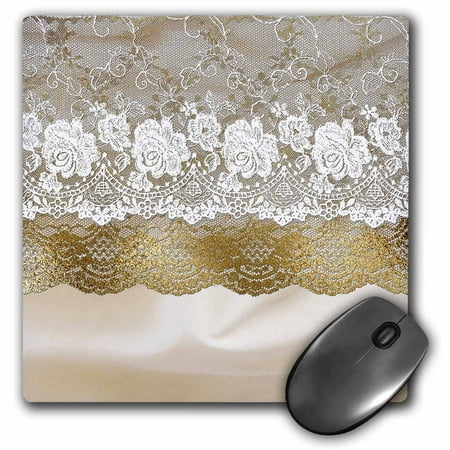 - 3dRose White and Gold Floral Bridal Lace on Cream Silk Fabric - Mouse Pad, 8 by 8-inch