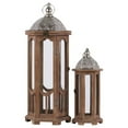 thumbnail image 2 of Urban Trends 26124 Hexagonal Lantern with Silver Pierced Metal Top and Ring Hanger in Natural Wood Finish (Set of 2), Brown, 2 of 2